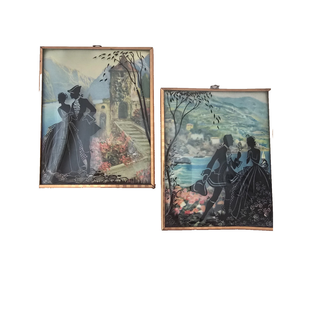 1930's Pair Romantic Reverse Painted Silhouette on Convex Glass 4" x 5"